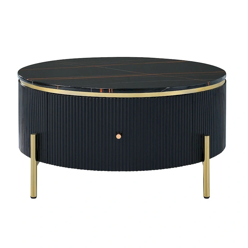 Modern Round Coffee Table with 2 Large Drawers Storage Accent Table with Marble-patterned Tabletop