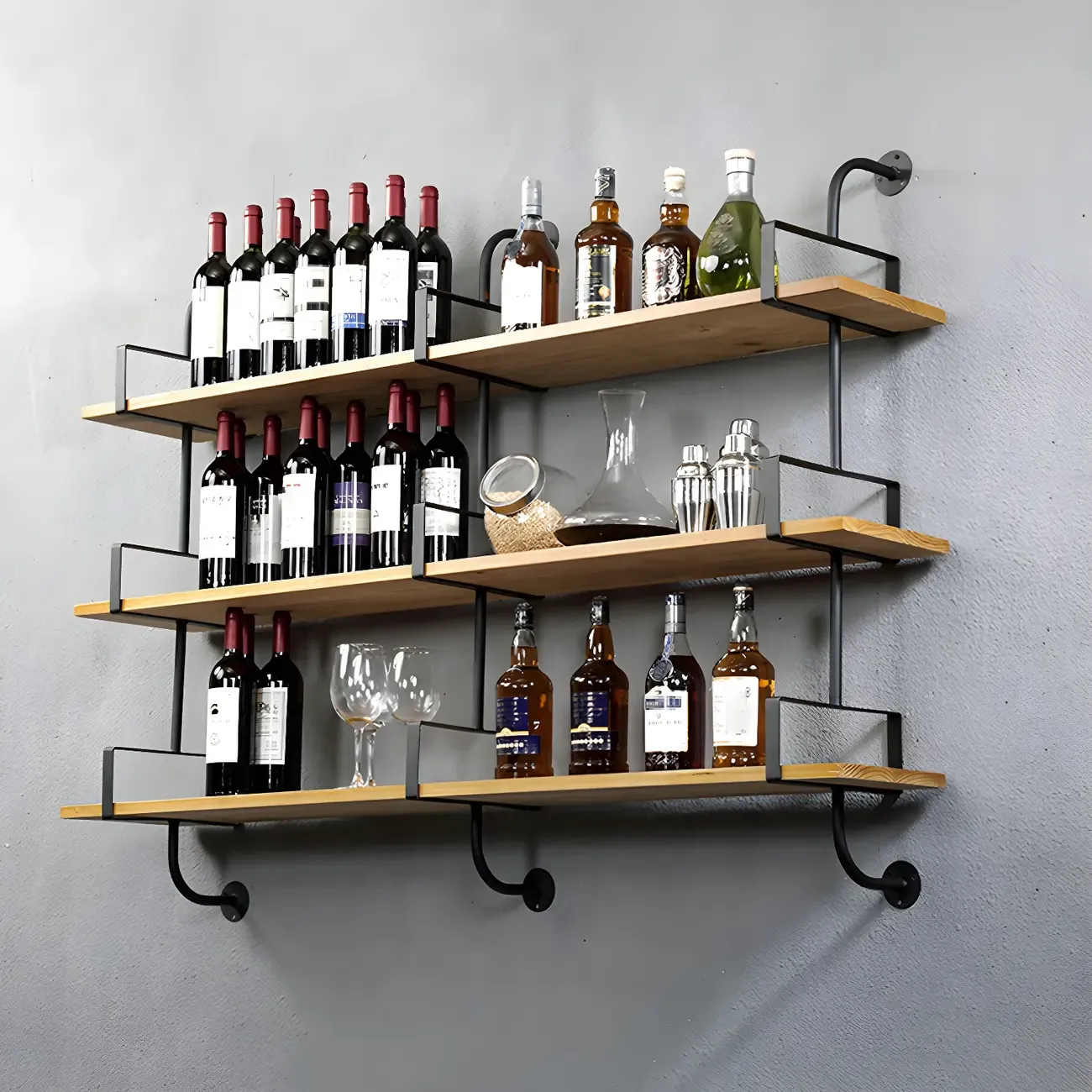 Simple 2-Tier Wood Metal Wall-Mounted Bookcase