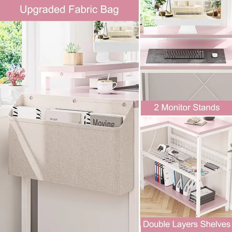 Modern L Shaped Computer Desk with Power Outlets & LED Light