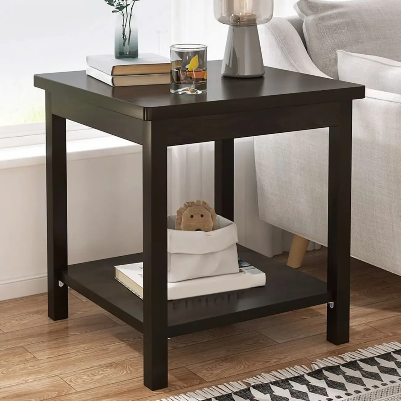 Minimalist Black Wood End Table with Storage for Living Room
