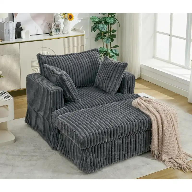 Oversized Corduroy Reclining Chair Deep Seat Armchair Single Thickened Upholstered Sofa with Pillow and Ottoman