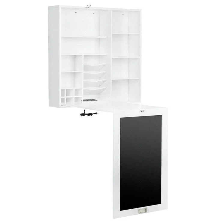 White Fold-Down Wall Desk with Chalkboard, Storage Cabinet & USB Ports – 1-Person