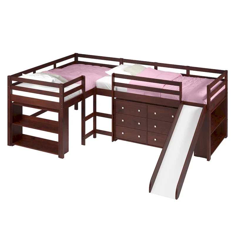 Double Twin L-Shaped Slide Loft Bedroom Set in Dark Cappuccino