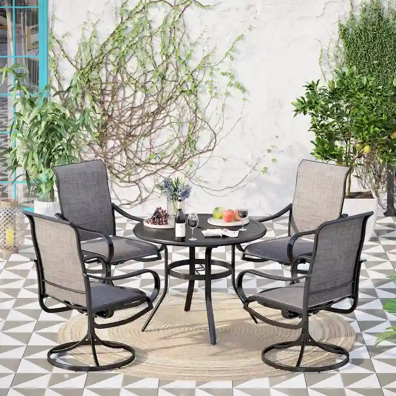 MAISON ARTS 5-piece Patio Dining Set , 4 Patio Swivel Dining Chairs, 1 Round 37.8 Metal Table with Umbrella Hole