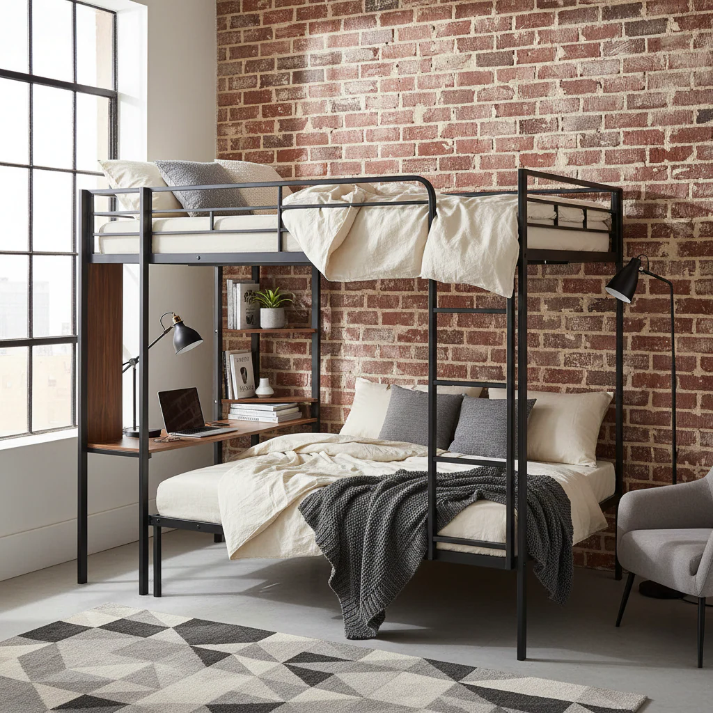 White / Silver / Black Metal Full Size Loft Bed with Desk & Shelves – Modern Style, Sleeps 1