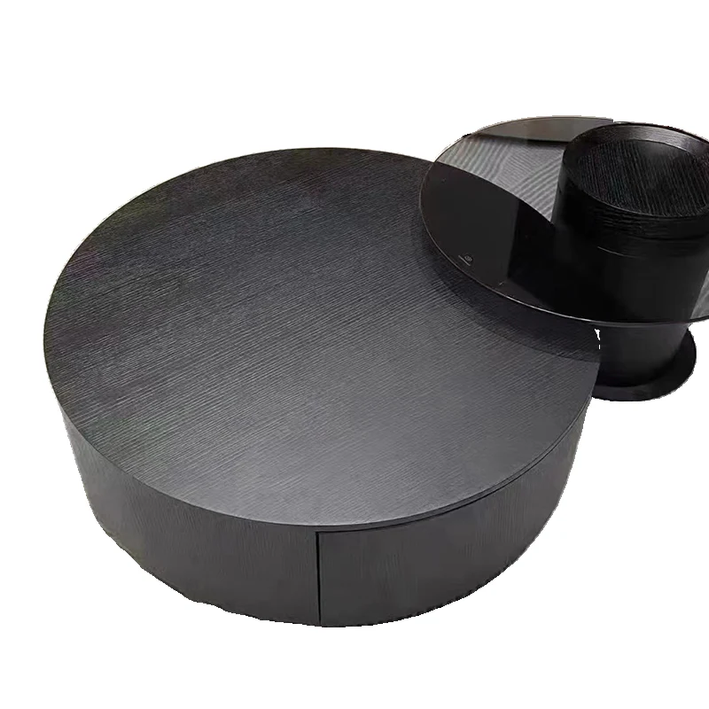 Black Modern Sleek Nesting Round Wood Drawer Coffee Table