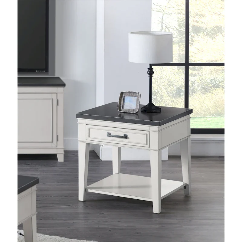 Coastal Casual 1-Drawer End Table – Antique White & Grey, 24