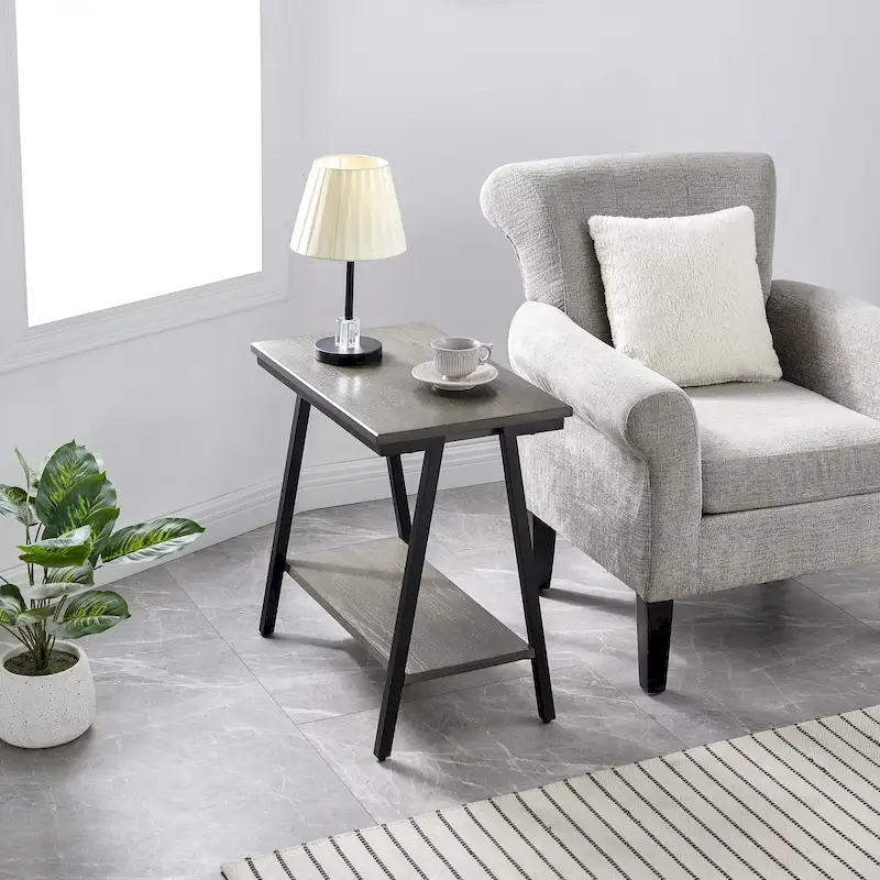Narrow Side Table with Shelf and Metal Frame
