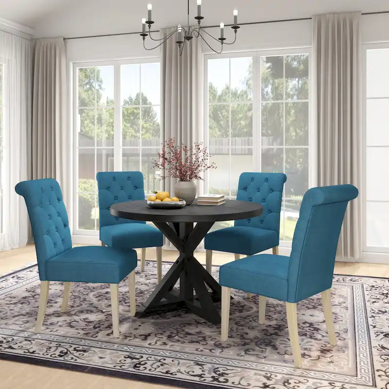 Roundhill Furniture Banff 5-Piece Round Dining Set, Cross-Buck Round Table with 4 Tufted Chairs