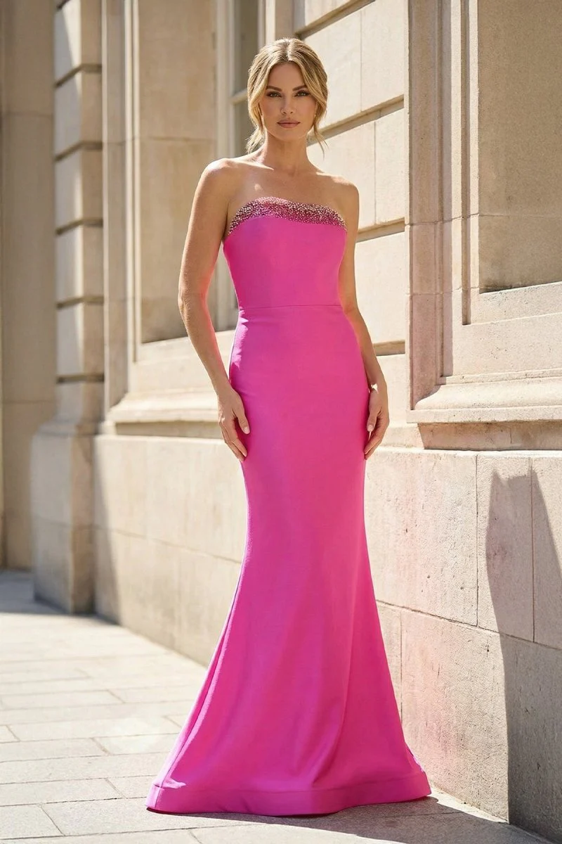Fuchsia Strapless Mermaid Satin Long Prom Dresses With Beading