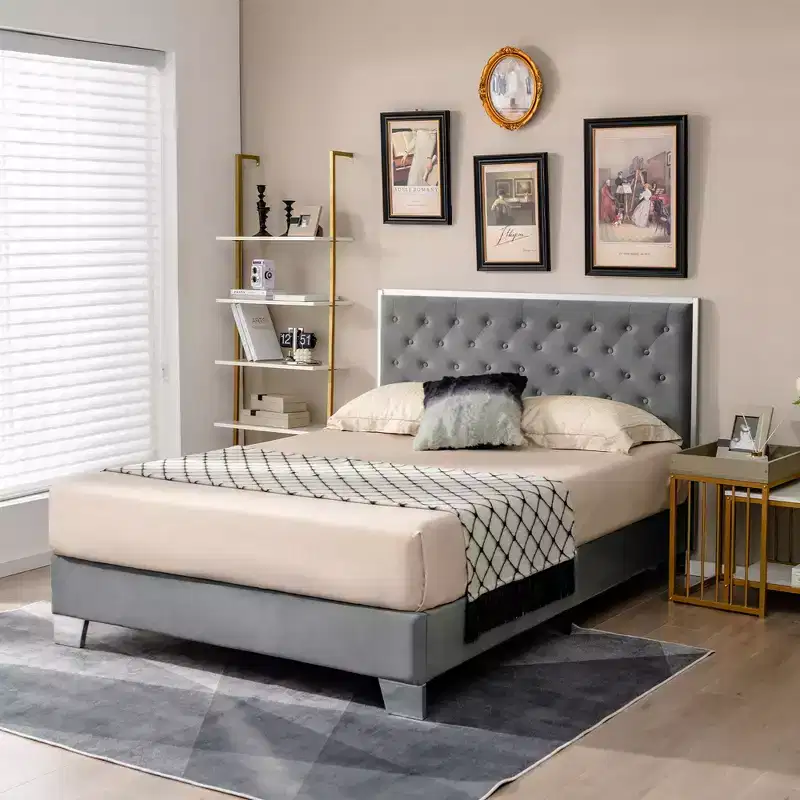 Costway Upholstered Bed Mattress Foundation with Button Tufted Velvet Headboard