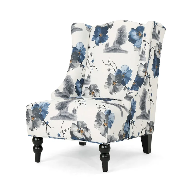 Beige +Blue Flower 28 High-Back Club Chair with Birch Legs