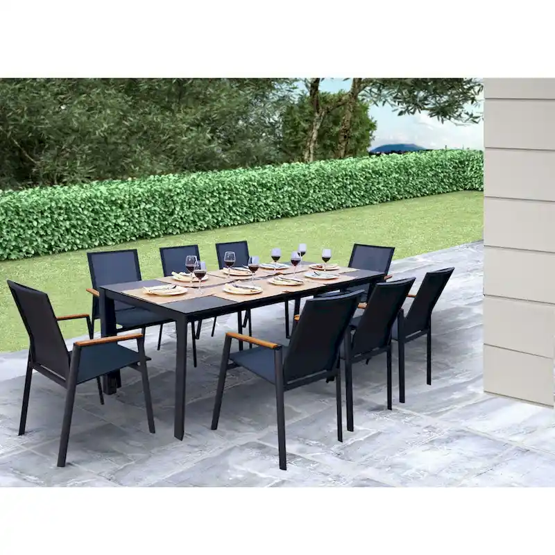 Riviera Dark Grey 9-Piece Aluminum Outdoor Dining Set with Sling Set in Smoke Grey - N/A