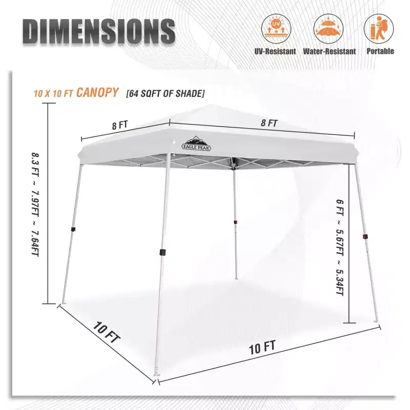 EAGLE PEAK 10x10ft Slant Leg Pop Up Canopy Tent,10x10 Base 8x8 Top