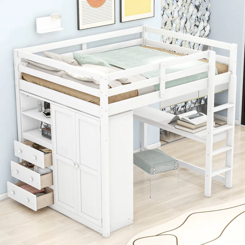 White/Gray Loft Bed with Wardrobe, Desk & Storage – Single, Pine Wood + MDF