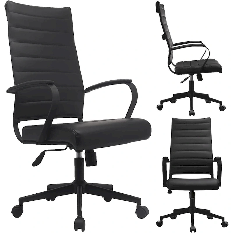 Modern High Back Office Chair Ribbed PU Leather Swivel Tilt Conference Room Computer Desk Cushion Seat Boss