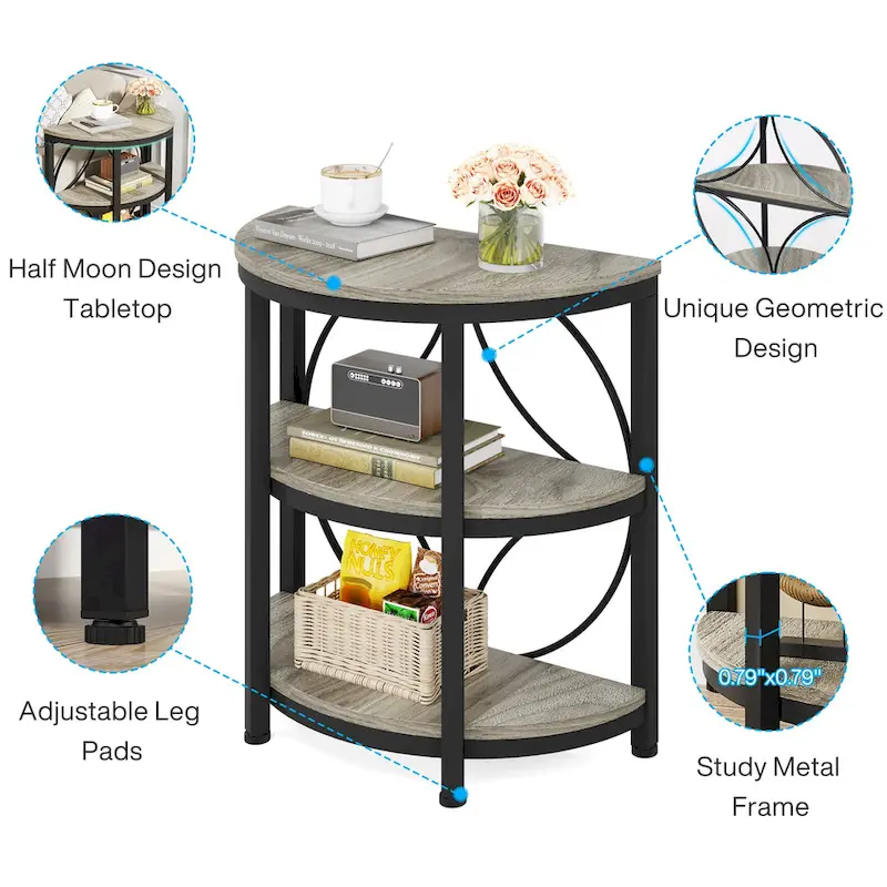 Half Round End Table, 3-Tier Narrow Side Table