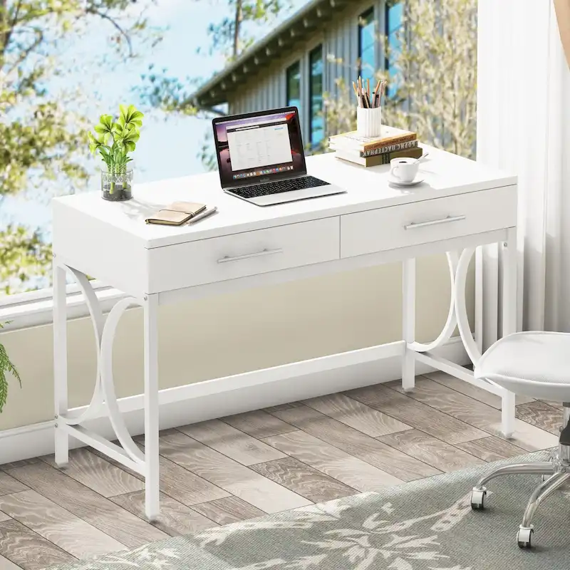 Modern Computer Writing Desk with 2 Drawers, White and Gold Home Office Desk, Makeup Vanity Table