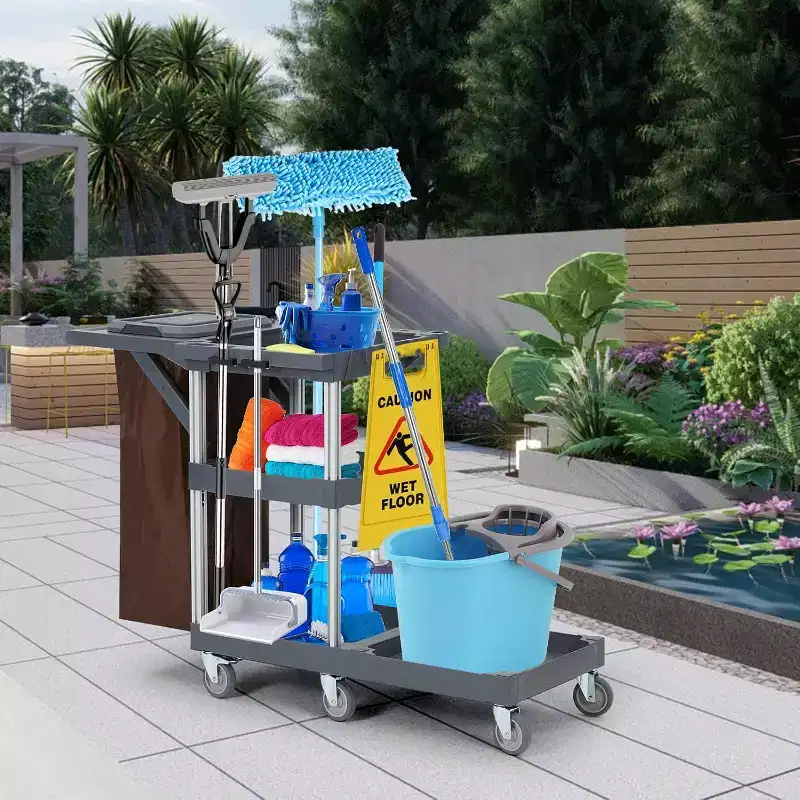 Commercial 3-Shelf Cleaning & Housekeeping Cart with Cover and Vinyl Bag for Hotels, Schools, and Business