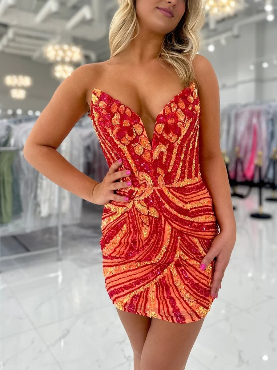 Orange - Strapless V Neck Sequins Bodycon Short Homecoming Dresses