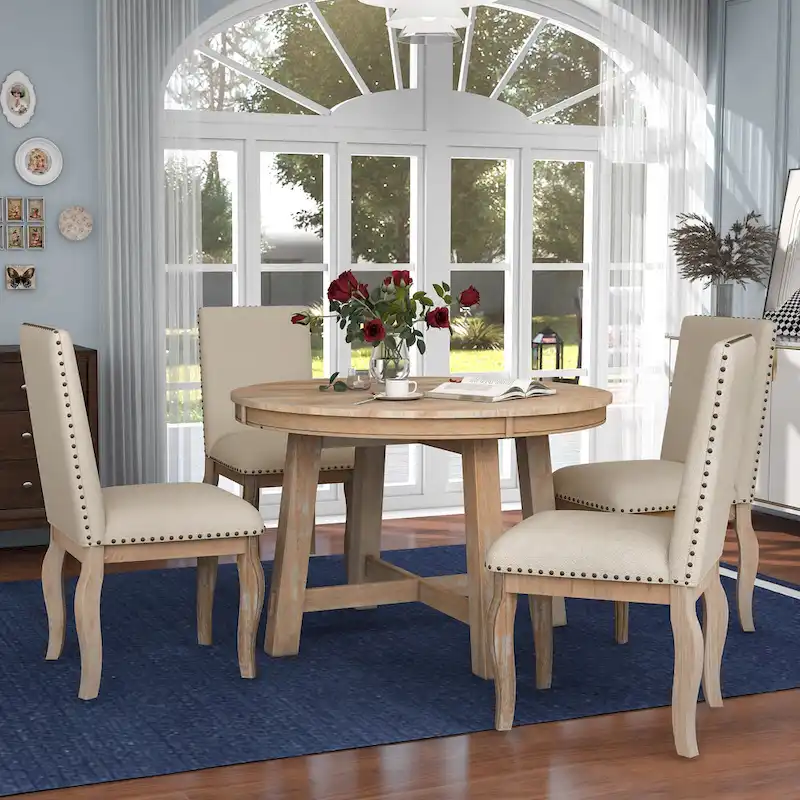5-Piece Dining Set with Round Extendable Dining Table and Chairs