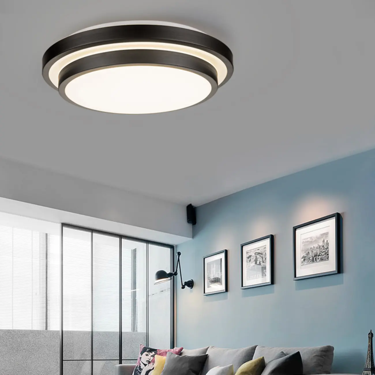 Industrial Black Round Warm LED Flush Mount Ceiling Light