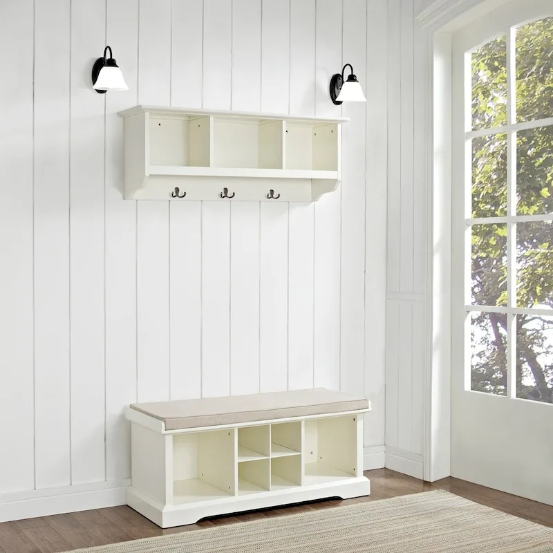 Crosley Brennan White Wood 2-piece Entryway Bench and Shelf Set - 41.5W x 18.25H x 15D