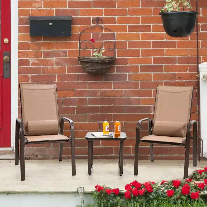 Costway 3PCS Patio Bistro Furniture Set Adjustable Back Stackable Chairs Brown\Black