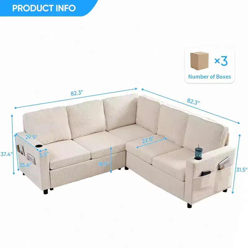 Mjkone Convertible Modular bunk combination sofa with pull out bed,L-shaped 5-seat Sectional Sleeper Sofa Bed with Storage seat