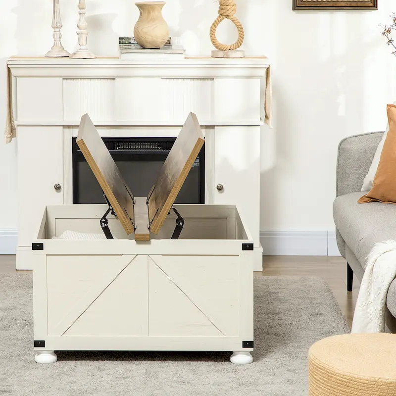 Antique White / Natural / White Square Flip-Top Coffee Table with Hidden Storage