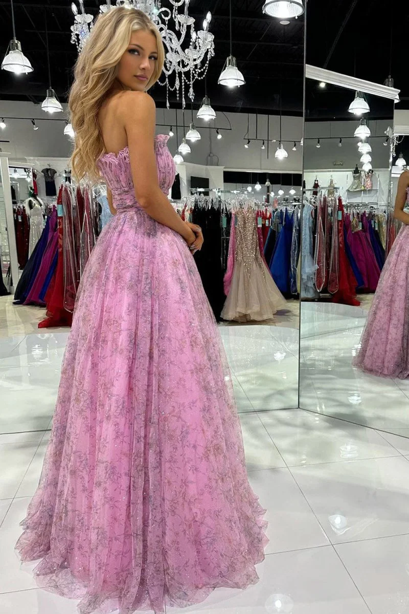 A line Strapless Printed Glitter Tulle Prom Dress