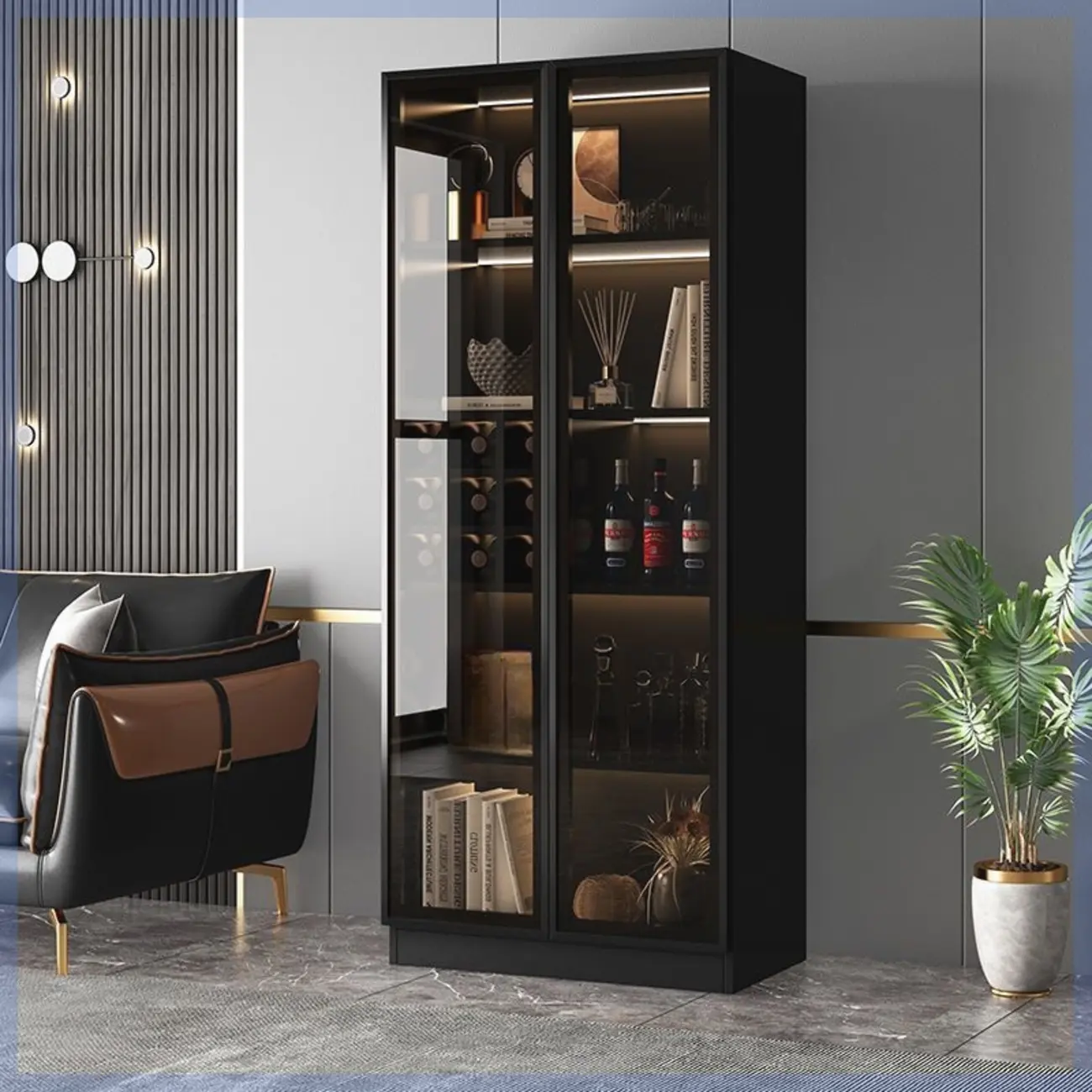 Large Black Wooden Flooring Display Cabinet with Light