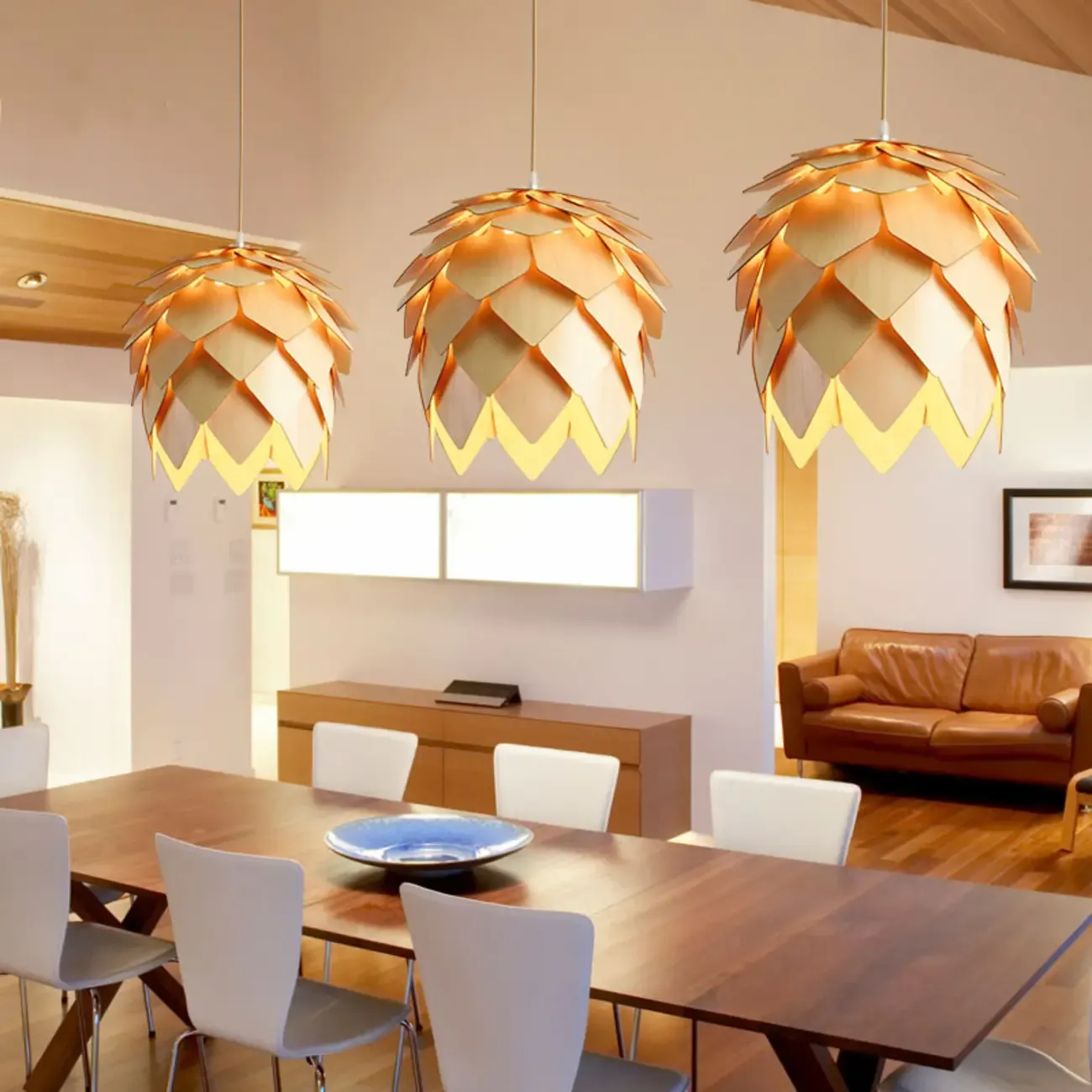Modern Pinecone Shape Wood Pendant Light Adjustable for Dining