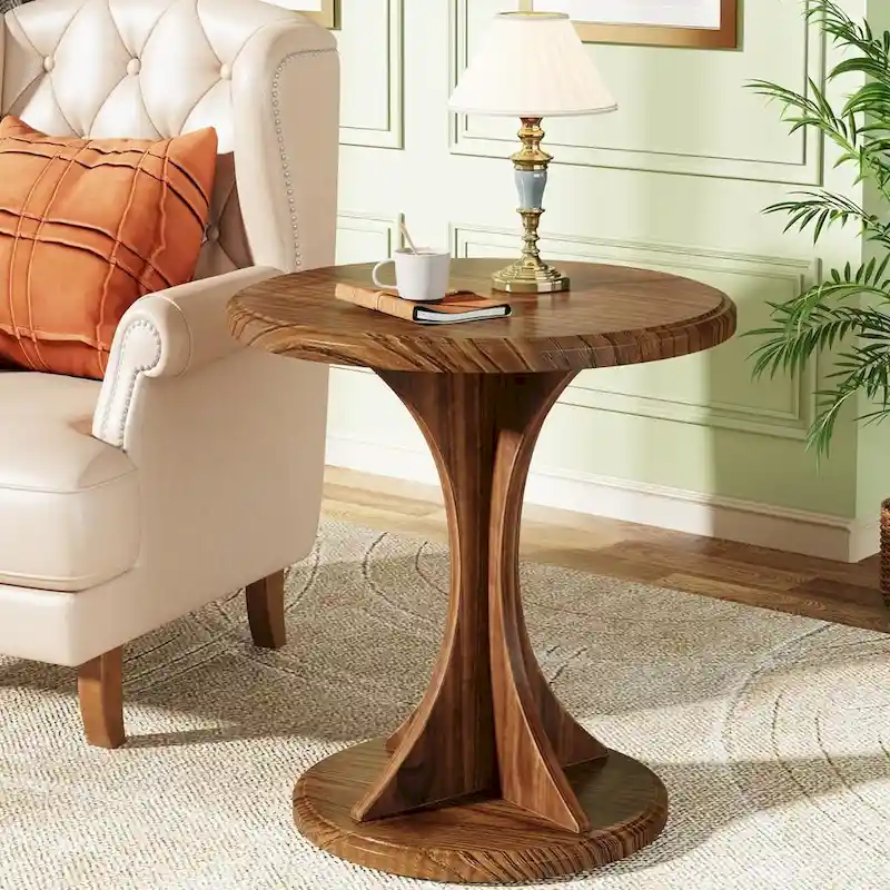 Round End Table 19.7 Wood Hourglass Pedestal Vintage Rustic Brown Waterproof Easy Assembly