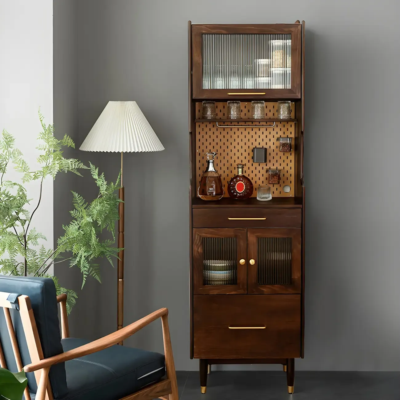 Adjustable Walnut Wood Glass Doors Dining Hutch Cabinet