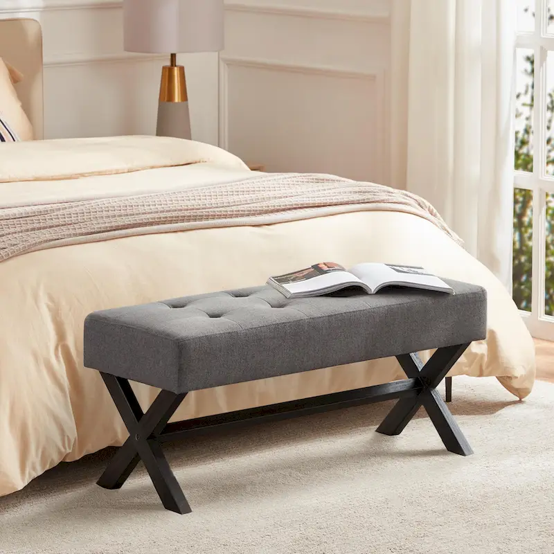 Fabric Entryway Bench Beige/ Grey/ White Upholstered Bench with X-Shaped Legs, 35-inch