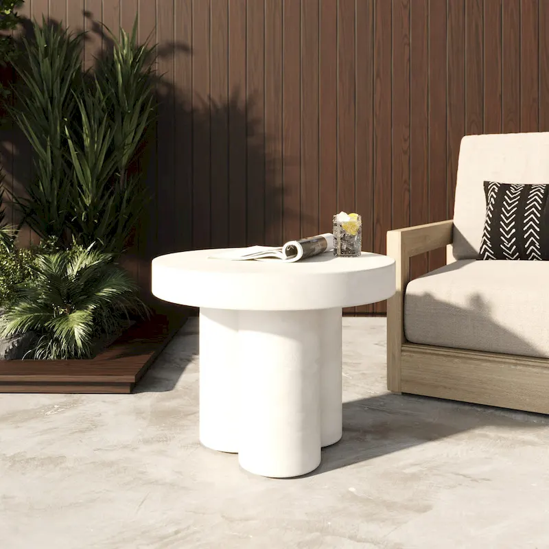 White Concrete Round End Table, Abstract Base, 1-Person