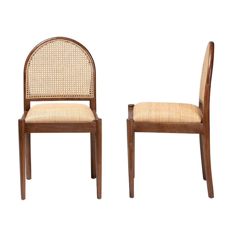 Maryland Modern Bohemian Natural Rattan and Acacia Wood 2-Piece Dining Chair Set