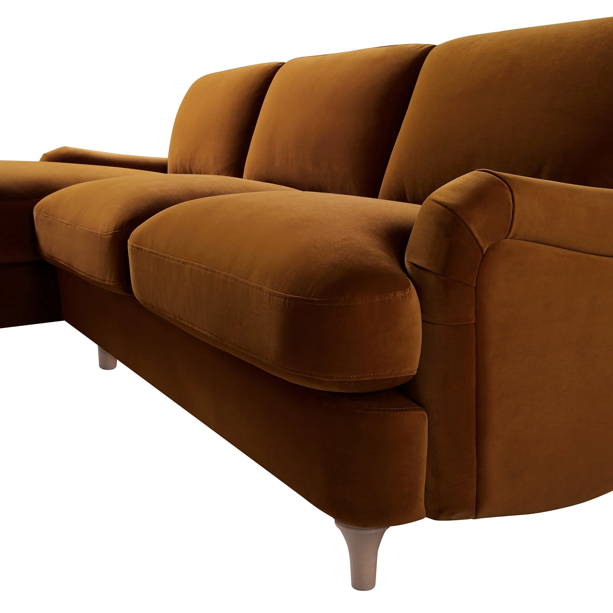 Cinnamon Velvet Sofa, Grande Chaise Sofa Left Hand Facing