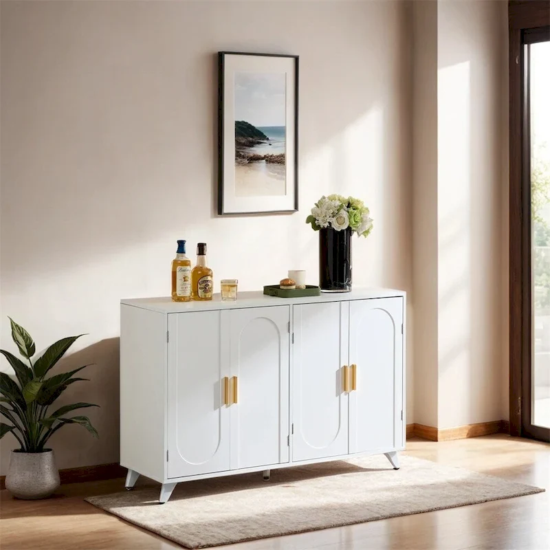 White & Gold 4-Door Sideboard Buffet Cabinet with Water Ripple Design & Removable Shelves – 1-Piece