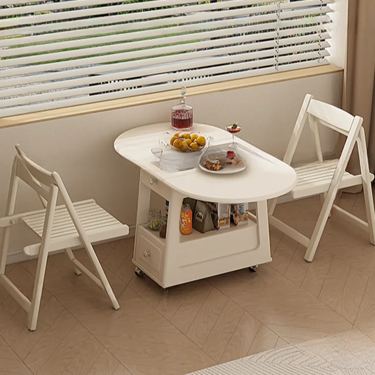 Foldable Wood White Modern Wheeled Small Side Table