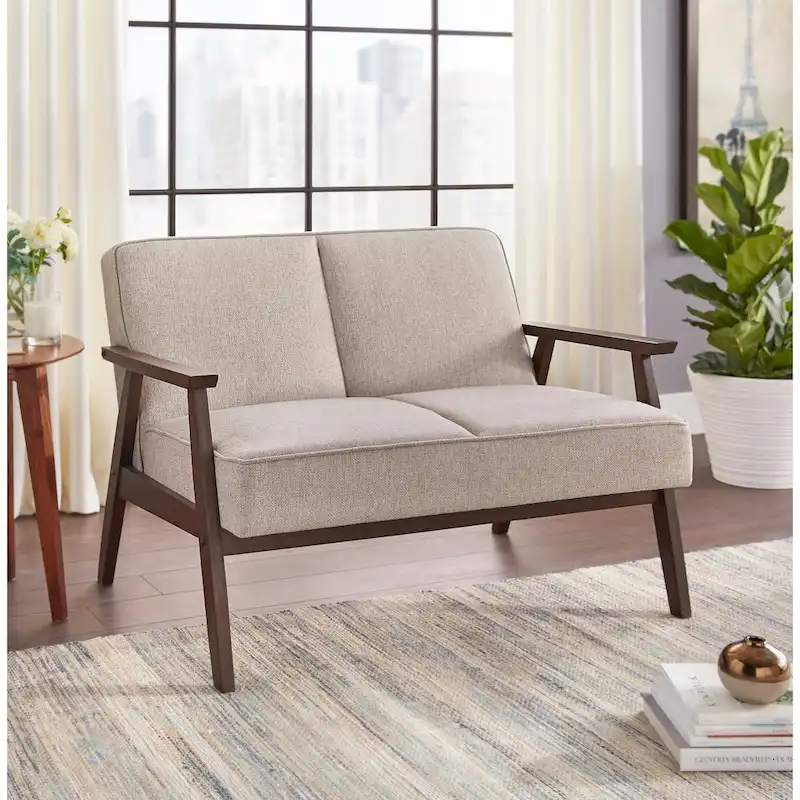 Blue / Grey / Yellow Mid-Century Modern Upholstered Loveseat with Wood Legs – 2 Seater