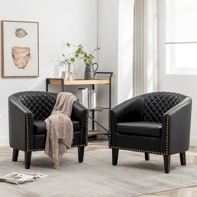 KINWELL 29  PU Faux Leather Club Armchair with Nailheads, Set of 2