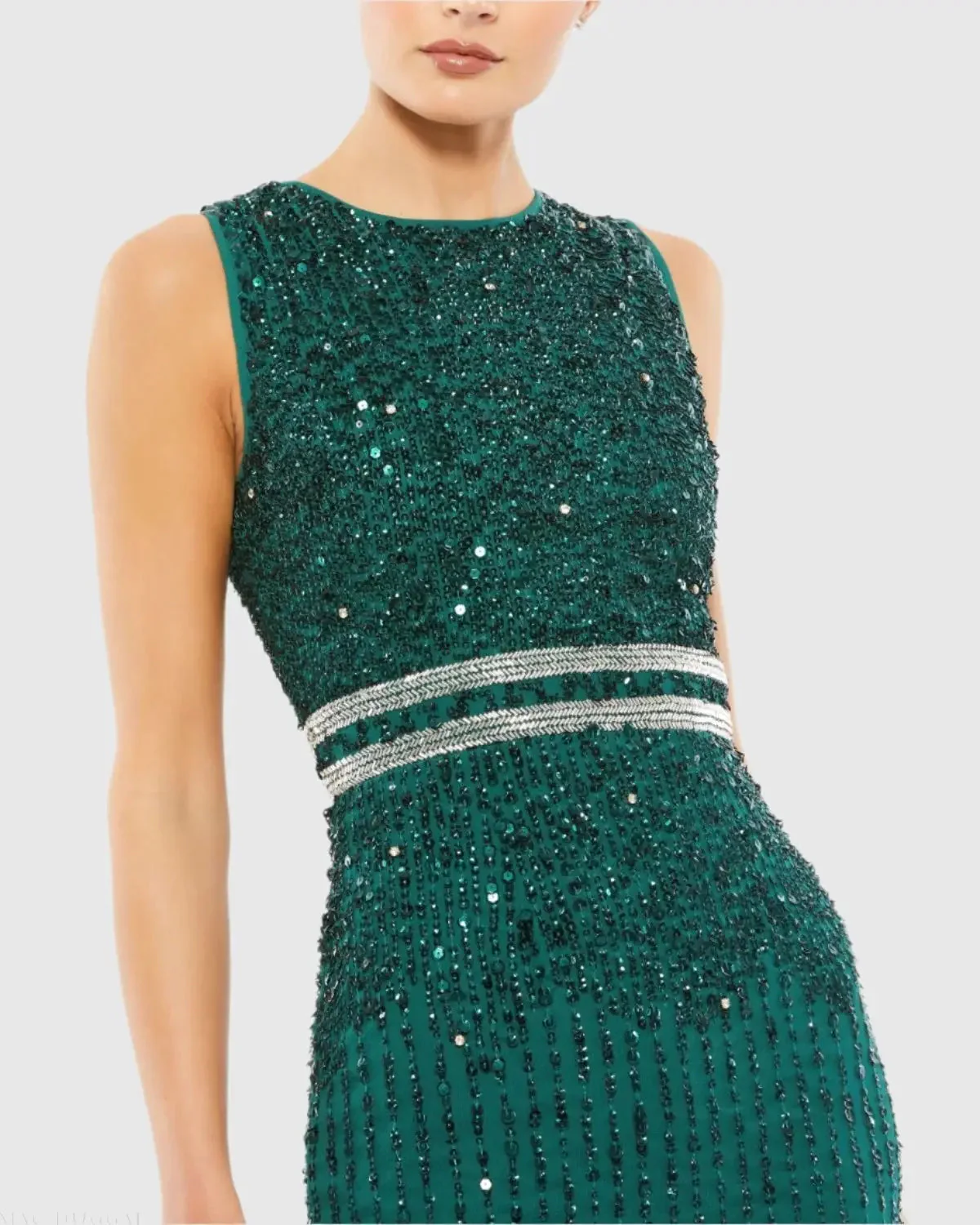 Green Sleeveless High Neck Beaded Midi Sheath Dress