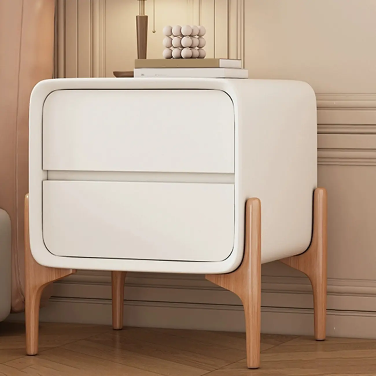 Simple Curved Wooden Faux Leather 2 Drawer Nightstand