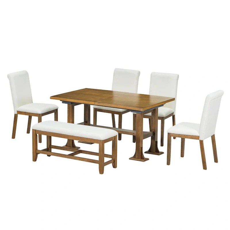 6-Piece Farmhouse Extendable Dining Set with Leaf & Bench