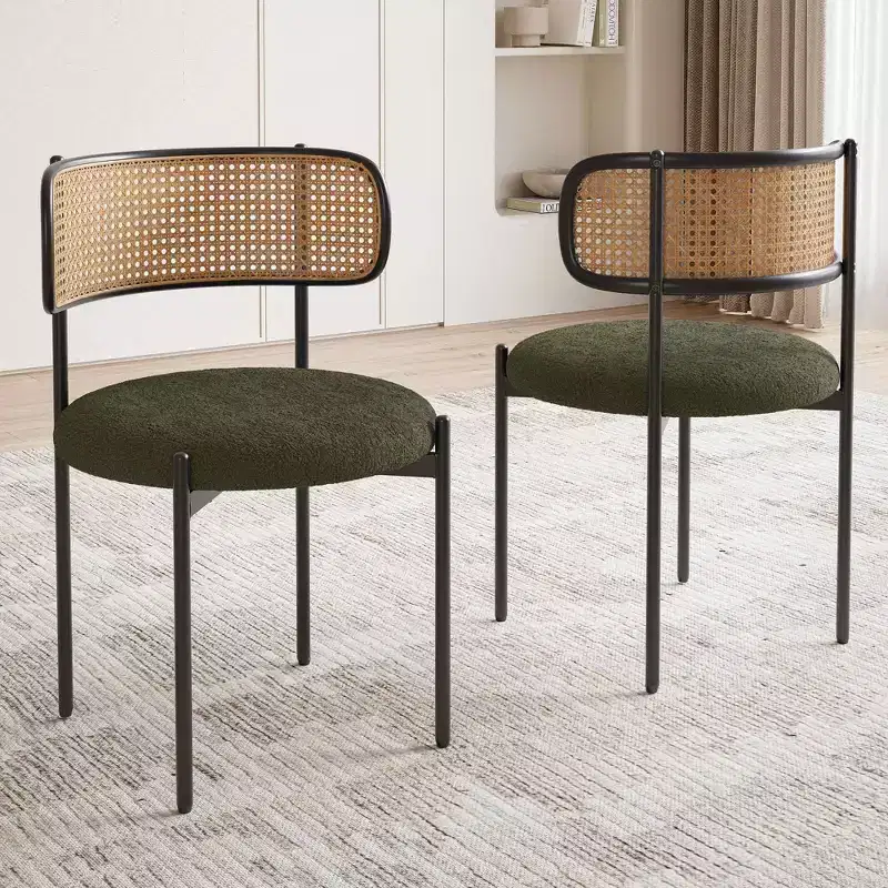 MAYEERTY Modern Upholstered Dining Chairs Set of 2 with Metal Legs Rattan Back Dining Room Chairs for Kitchen Green
