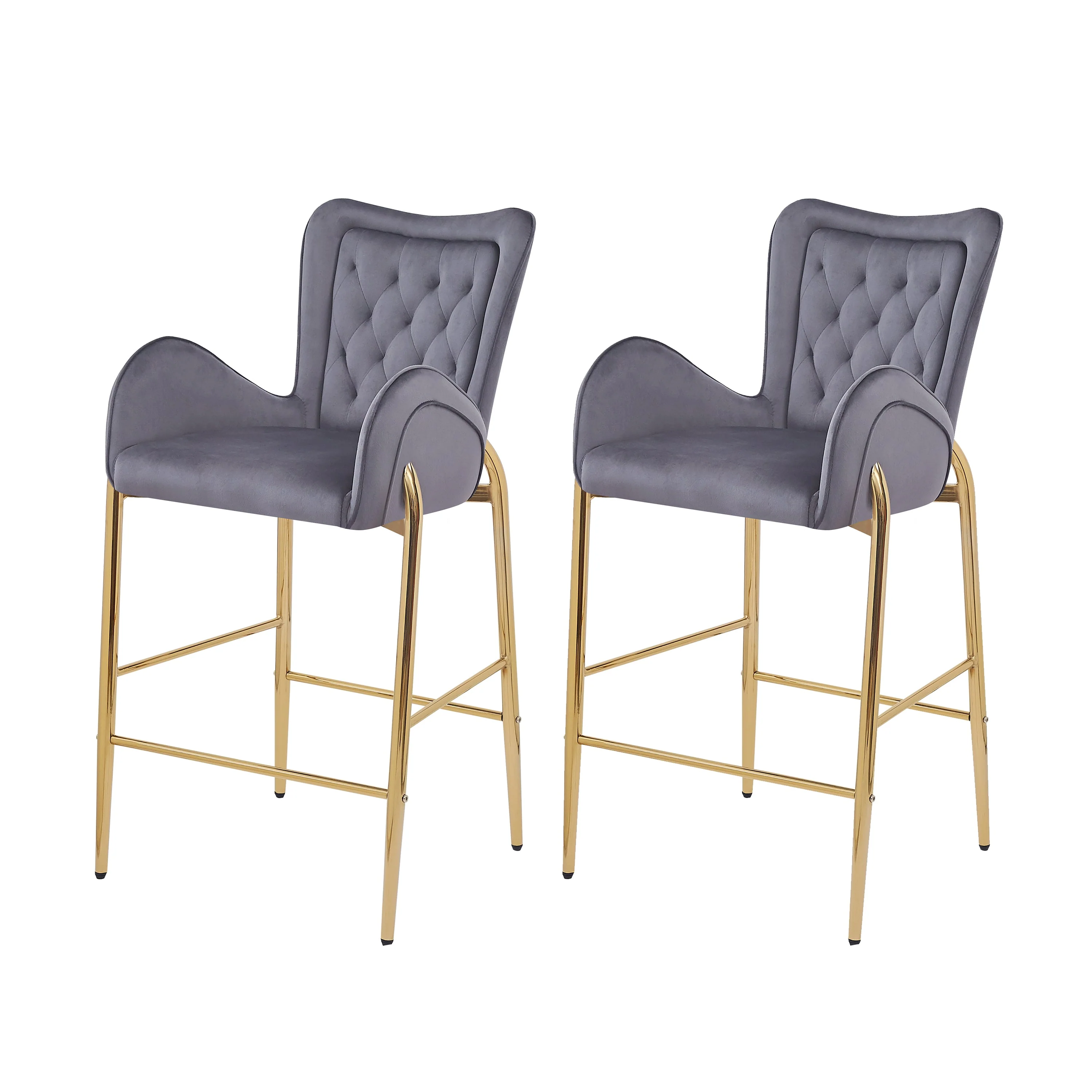 Set of 2 Velvet Counter Stools Tufted Bar Chairs Gold Frame