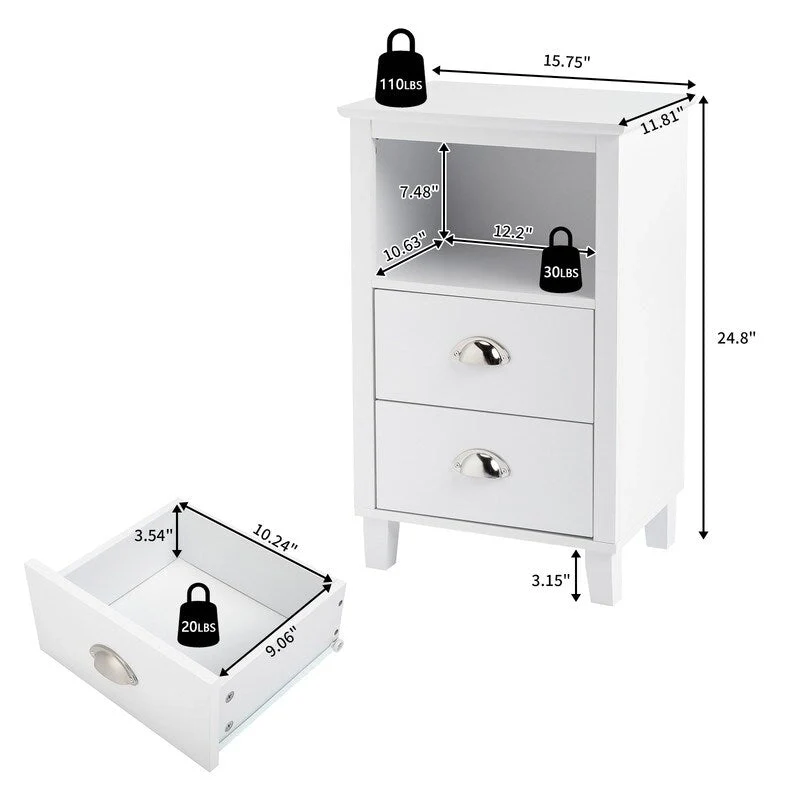 White Two-Drawer Nightstand 40x30x63cm