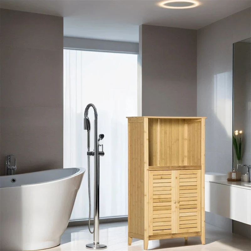 Anti-Toppling Bamboo Bathroom Floor Cabinet with Shelf and Footpad - N/A